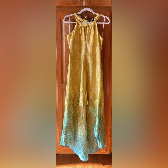 Amazingly beautiful Guess Los Angeles yellow and aqua hi-low dress! Side zipper! - Picture 2 of 7